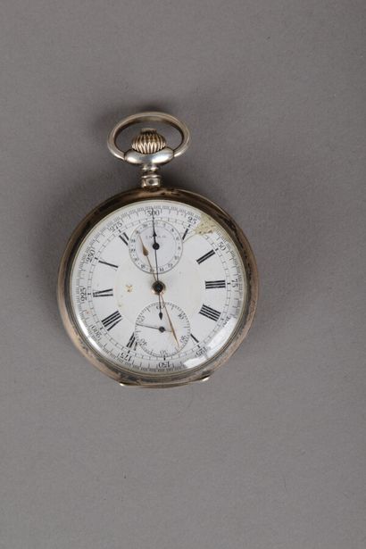 null Invar, silver chronograph pocket watch, back decorated with AC numerals, mechanical...