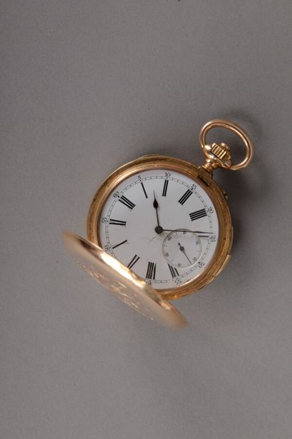 null Pocket watch with striking in yellow gold 750 thousandths, the lid engraved...