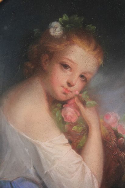 null École française XIXème

"Jeune fille aux fleurs"

Pastel en ovale 

45 x 36...
