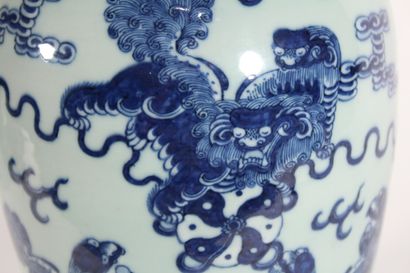 null Pot à gingembre en porcelaine bleu blanc à décor de lions bouddhiques

Chine,...