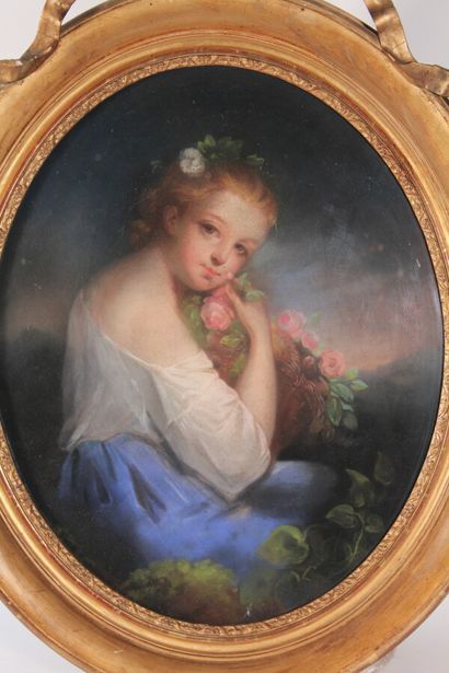 null École française XIXème

"Jeune fille aux fleurs"

Pastel en ovale 

45 x 36...