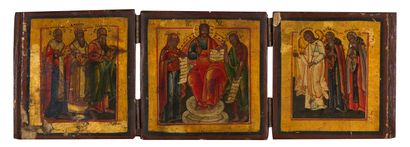 null Peintures à sujets religieux sur fond or, composées en trois volets en bois...