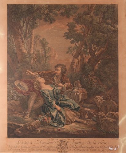null D'après François BOUCHER (1703-1770)

"Le goûter de l'automne"

Gravure couleurs

XVIIIème...