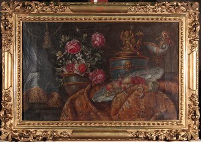 null ATTRIBUE A REYNAUD LEVIEUX (1613-1699)

Vase de fleurs et assiette de fruits...