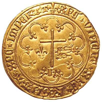 null HENRI VI.

1422-1453.

Gold salute. 2nd issue. Saint-Lô.

Dy.443A. Small streak...