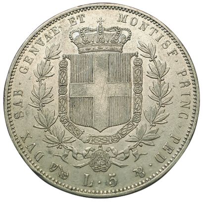 null ITALIE. SARDAIGNE.

Victor Emmanuel II.

5 Lire 1851 P. Gênes.

25,04grs. Km.124.1.

Rare...