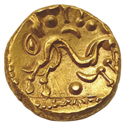 null AMBIENS.

60-50 av. J.C.

Statère d'or uniface. 

Cheval stylisé à droite, accosté...