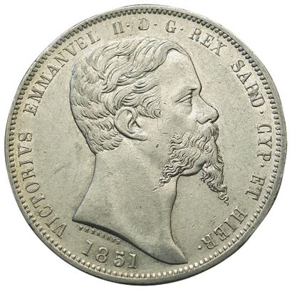 null ITALIE. SARDAIGNE.

Victor Emmanuel II.

5 Lire 1851 P. Gênes.

25,04grs. Km.124.1.

Rare...
