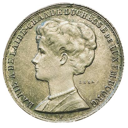 null LUXEMBOURG.

Marie Adélaïde. 1912-1919.

Essai en argent de 1 Franc 1914. 4,40grs....