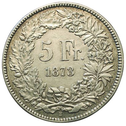null SUISSE.

5 Francs 1873 B.

Berne.

24,9grs. Km.11.

30500 ex.

Très rare.

...