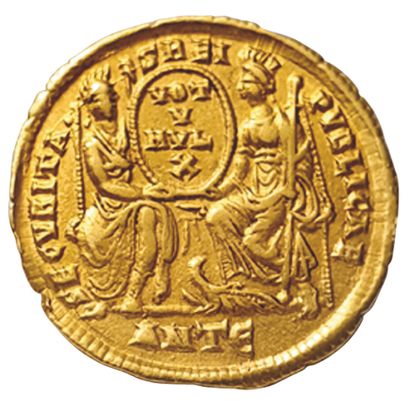 null JOVIEN.

363-364. 

Solidus. Antioch. 

R/ SECVRITAS REIPVBLICAE. Rome seated...