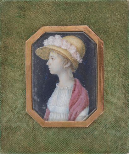 null Miniature, Jeune femme en buste de trois quarts portant un chapeau de paille...