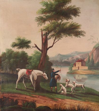 null Trumeau à décor peint sur toile d'un paysage animé d'un chasseur, cadre en bois...