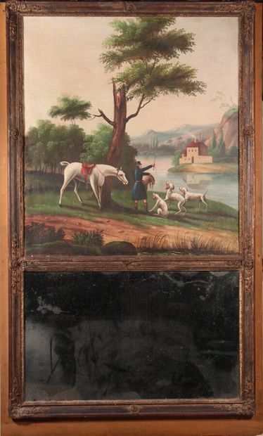 null Trumeau à décor peint sur toile d'un paysage animé d'un chasseur, cadre en bois...
