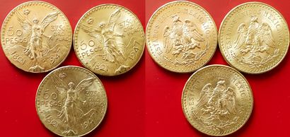 null Mexique. Lot de 3 pièces de 50 Pesos 1947. SUP à SPL
