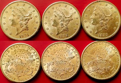 null USA. Lot de 3 pièces de 20 Dollars 1891S, 1892S, 1895. TTB+