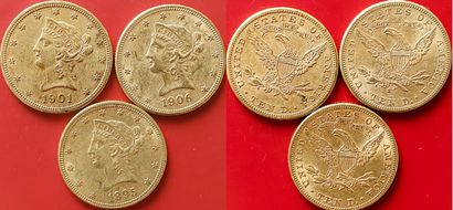 null USA. Lot de 3 pièces de 10 Dollars : 1895, 1901, 1906 S. TTB+ et SUP