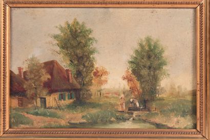 null École XIXème siècle 

"Les lavandières"

Huile sur toile

18,5 x 28 cm

Cadre...