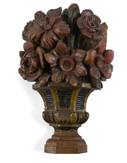null Paire éléments de décoration en bois sculpté polychrome

"Vase fleuri"

XVIIIè/XIXème...