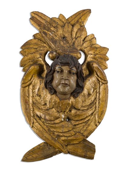 null Deux éléments de décoration en applique "Anges" en bois sculpté et polychrome

XIXème...