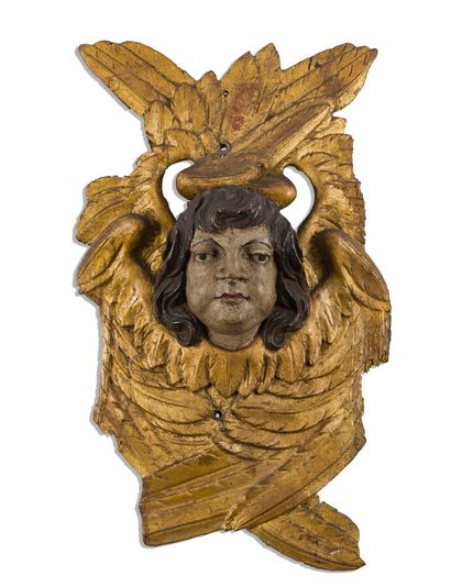 null Deux éléments de décoration en applique "Anges" en bois sculpté et polychrome

XIXème...