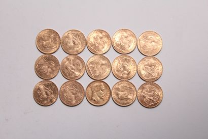 null 14 pièces de 20 Francs or au Coq et 1 pièce de 20 Francs or Tête Laurée