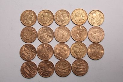 null 19 pièces de 20 Frs or : Génie (10), Cérès (6), Coq (3).