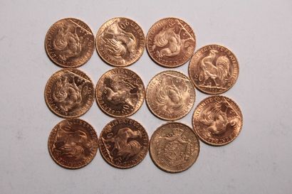 null 11 pièces de 20Frs or : Coq (10), Belgique 20 Frs 1878 (1)