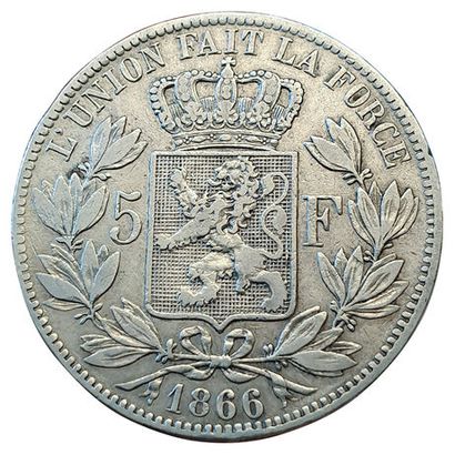 null Léopold II. 5 Francs 1866. Petite tête. Signature près du listel. Km.24. Rare !...