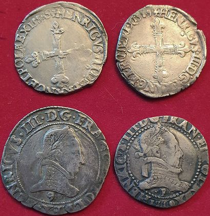 null Royales. Henri III. 4 monnaies : Quart d'écu 1588 Rennes, 1589 T, Franc au col...