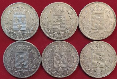 null Charles X. 6 monnaies : 5 Francs 1826A, 1827B, D, I, K, L. TB+ à TTB+