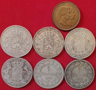 null Belgique. 7 monnaies dont 6 en argent : 5 Francs 1847, 1849, 1867 (Point après...