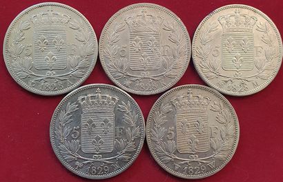 null Charles X. 5 monnaies : 5 Francs 1828A, K, M, 1829MA, W. TB+ à TTB+