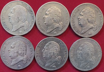 null Louis XVIII. 6 monnaies : 5 Francs 1817K, 1817L, 1820A, 1821W, 1822W, 1823W....