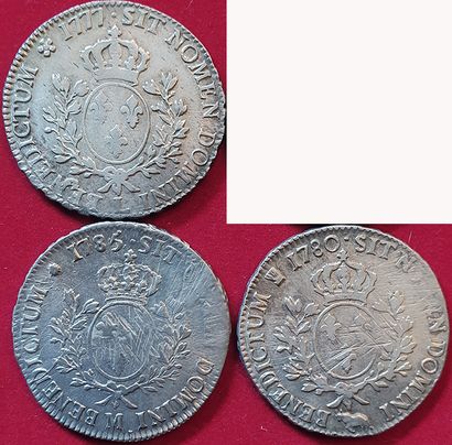 null 
Royales. Louis XVI. 3 monnaies : Ecu aux branches d'olivier 1777 L et 1785...