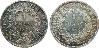 null 2 monnaies : 1 Franc Cérès 1871 A (petit A), 1872 A (petit A). SUP