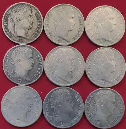 null 1er Empire. 9 monnaies : 5 Francs 181A, D, L, T , W, 1812D, M, 1813B, MA. TB...