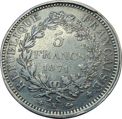 null 5 Francs Hercules 1871 K. Bordeaux. F.334/5. 74609 ex. Rare. VG+.