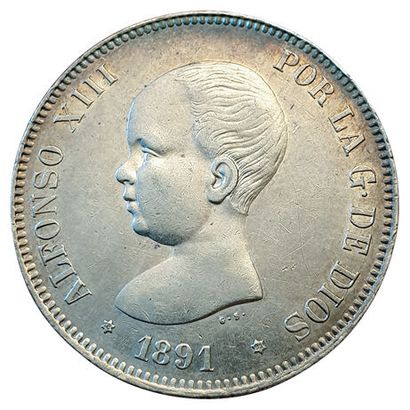 null Alfonso XIII. 5 Pesetas 1891 (91). Km .689. SUP