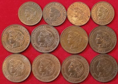null Cérès. 12 monnaies : 10 Centimes (8 ex.), 5 Centimes (4 ex.). Magnifique lot....