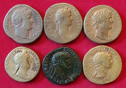 null Rome. 6 Sesterces. Hadrien (3 ex.), Sabine, Trajan (2 ex.). Lot très intéressant !...