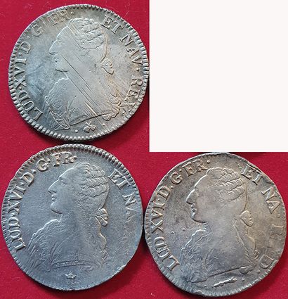 null 
Royales. Louis XVI. 3 monnaies : Ecu aux branches d'olivier 1777 L et 1785...