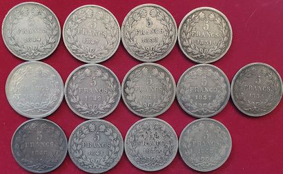 null Louis-Philippe 1er. 13 pièces de 5 Francs, dates et ateliers divers. B+ à T...