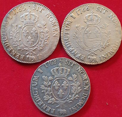 null Royales. Louis XV. 3 monnaies : Ecu de Béarn au bandeau 1765 Pau, 1766 Pau,...