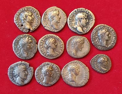 null Rome. 11 monnaies : 10 deniers (1er et 2e s. dont 1 troué), Hemidrachme de Vespasien...