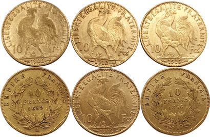 null 6 pièces de 10 Francs : Napoléon III tête nue (2), Coq (4). TB à TTB+