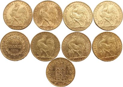 null 9 pièces de 20 Francs : Louis XVIII 1820A (TB), Coq (7), Génie 1878A. TB à ...