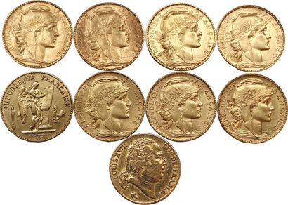 9 pièces de 20 Francs : Louis XVIII 1820A...