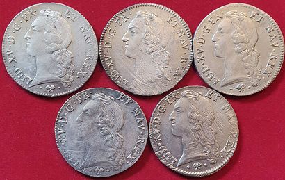 null Royales. Louis XV. 5 monnaies : Ecu au bandeau 1761 L, 176( ?) M (SUP), 1764...