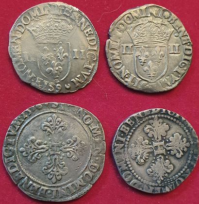 null Royales. Henri III. 4 monnaies : Quart d'écu 1588 Rennes, 1589 T, Franc au col...